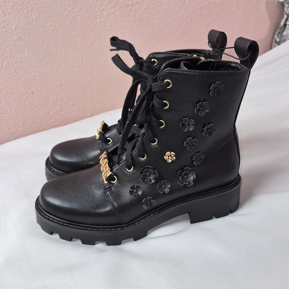 Karl Lagerfeld Paris Mela Fleur 40MM Floral Embellished Leather Combat Boots 7 - Picture 3 of 7